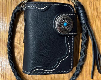 Handmade Leather Biker Wallet with braided lanyard/ chain, Leather Chain Wallet handcrafted Premium Italian Leather, Handstitched Wallet