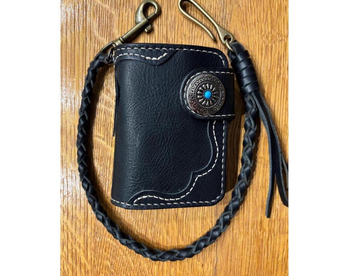 Featured listing image: Handmade Italian Leather Biker Wallet with Braided Lanyard