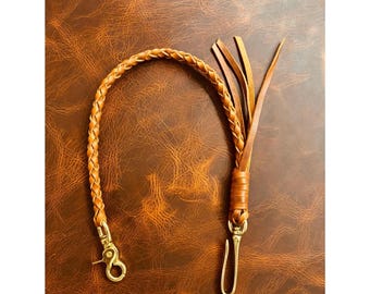 Leather Braided Lanyard for Chain Wallet, Handmade Braided Leather Lanyard, Leather Wallet Chain with Brass Hardware,  EDC wallet Holder