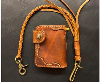 Handcrafted Leather Biker Wallet with Braided Lanyard, with Belt fish Hook, Leather Chain Wallet