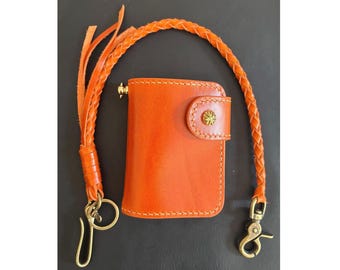 Handmade Leather Biker Wallet with Braided Lanyard, Leather Chain Wallet
