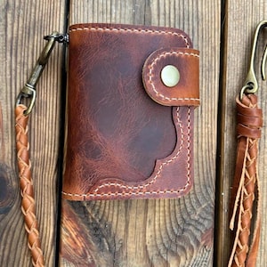 Cartera Biker / Cartera Trucker hecha a mano, Cartera de cuero con cordón trenzado en cuero de calidad italiana, Cartera de cadena de cuero