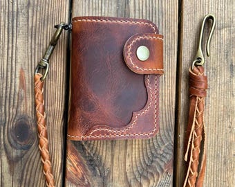 Handmade Biker Wallet /Trucker wallet, Leather Wallet with braided lanyard in Italian quality leather, Leather chain wallet