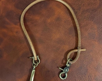 Round Leather Lanyard with Solid Brass Trigger Snap and Belt Hook 8 mm Leather Rope