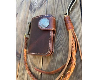 Handmade Leather Biker Wallet with Braided Lanyard, Leather Chain Wallet