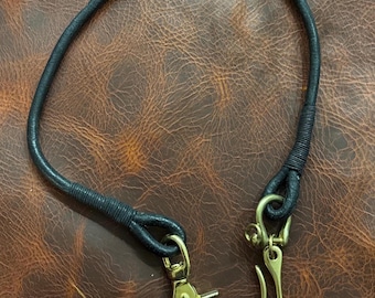 Handmade Black round Leather Rope Lanyard with Solid Brass Trigger Snap and Belt Hook, Leather Lanyard for Chain Wallet