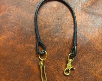 Handmade Black round Leather Rope Lanyard with Solid Brass Trigger Snap and Belt Hook