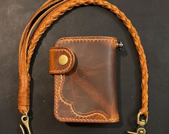 Handmade Leather Biker Wallet with Braided Lanyard with Belt fish hook, Leather Chain Wallet
