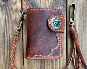 Leather Biker Wallet with Braided lanyard, Leather Chain Wallet, Concho Snap, Braided Lanyard
