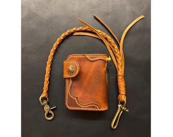 Handcrafted Leather Biker Wallet with Braided Lanyard, Belt Hook, Leather Chain Wallet