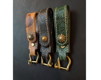 Handmade Leather Belt Loop Key Ring Holder – Double Layer Leather Key Holder with Brass Hardware – EDC Belt Loop