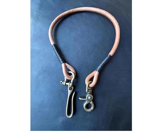 Handmade Round Leather Lanyard with Solid Brass Belt Fish Hook, Leather Lanyard for Chain Wallet