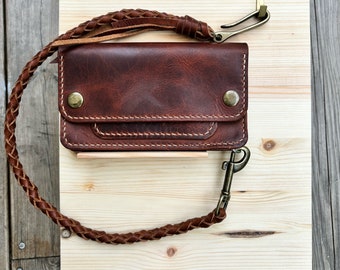 Handmade Trucker wallet, Leather Wallet with braided lanyard in Italian quality leather with pockets for money, cards and coin