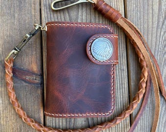 Leather Chain Wallet Handcrafted using Premium Italian Leather, Leather Biker Wallet with Braided Lanyard, Handstitched Leather Biker Wallet
