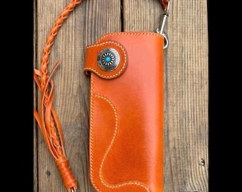 Handmade Long Biker Wallet /Trucker Wallet, Leather Wallet with Braided Lanyard, Leather Chain Wallet