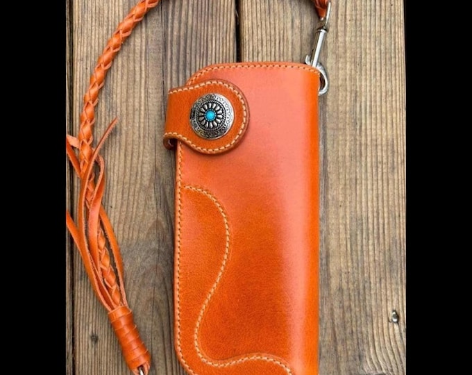 Featured listing image: Handmade Long Biker Wallet /Trucker Wallet, Leather Wallet with Braided Lanyard, Leather Chain Wallet