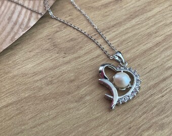 18” Sterling Silver Necklace, Brass Rhinestone Pendent with Real Freshwater Pearl, Gift Box option available