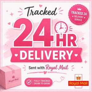 May include: Pink graphic with the text "Tracked 24 HR Delivery." Features a pink box with the Royal Mail logo, a clock, and a badge that says "Tracked 24 Delivery Service."