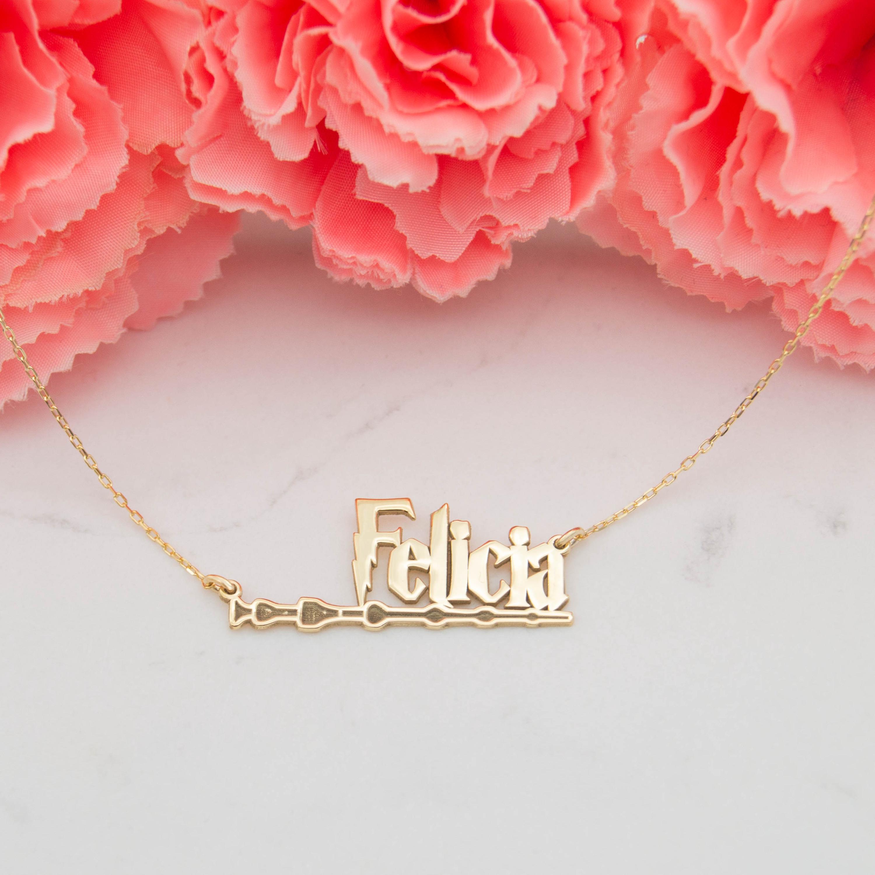 Personalized Sterling Silver Witch Wand Name Necklace, 14K Gold Custom ...