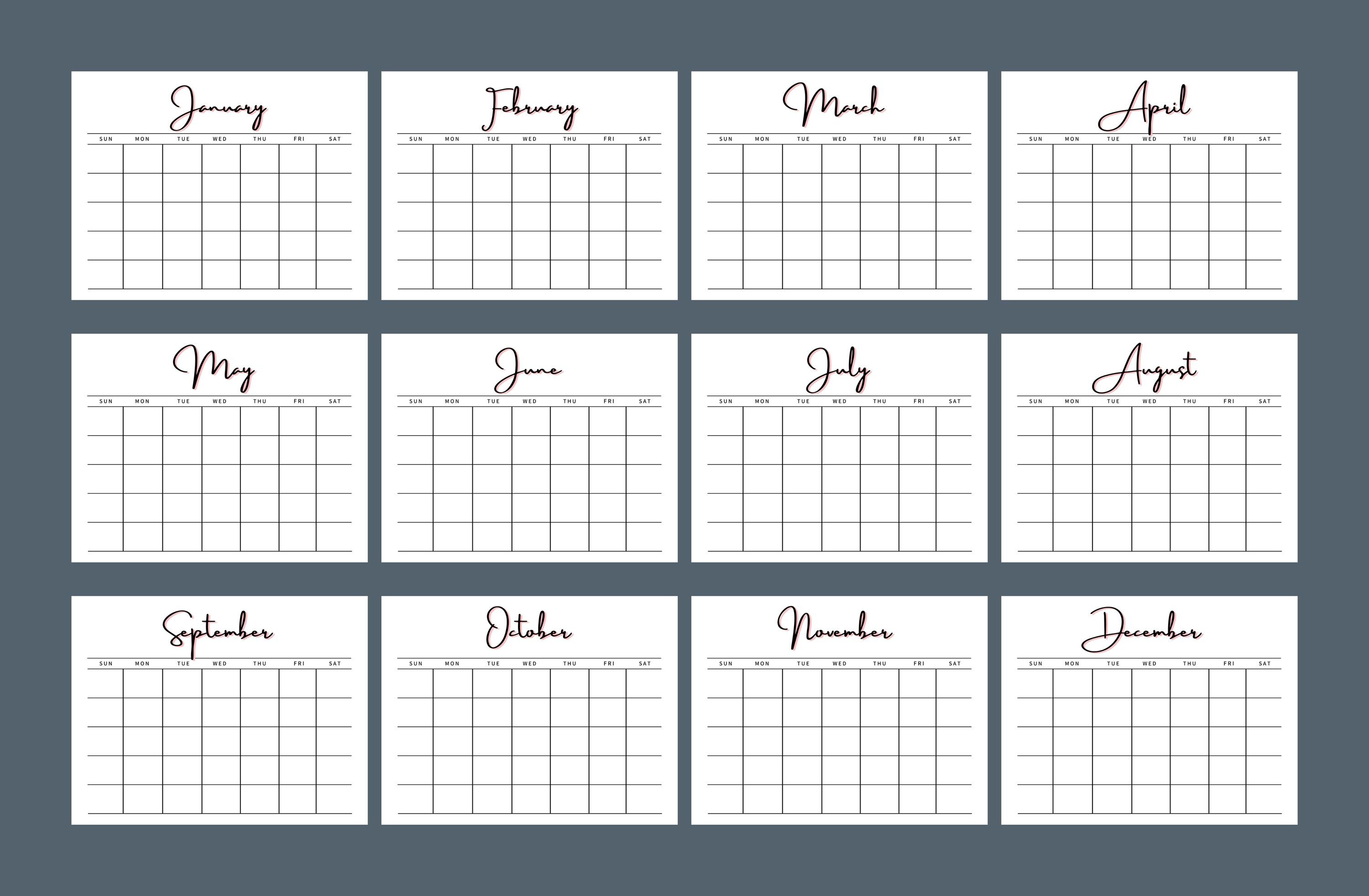 Monthly Blank Calendar Pages | Simple Horizontal Layout (digital ...