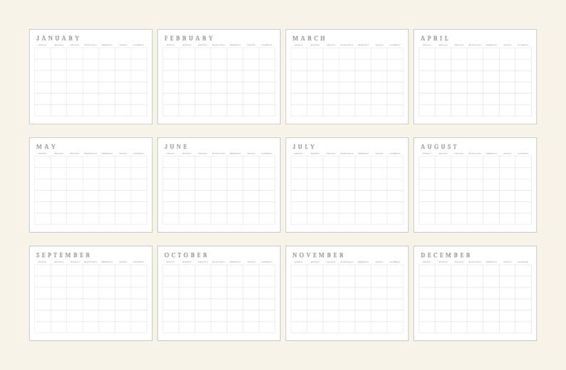 Monthly Blank Calendar Pages | Simple Horizontal Layout (digital ...
