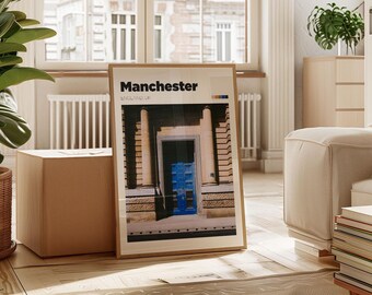 Manchester Travel Poster – Blue Doorway, England City Print - Manchester Keepsake Gift