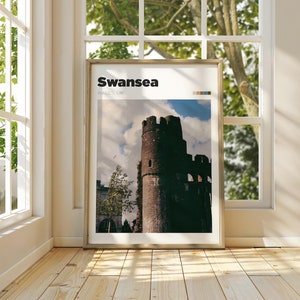 Swansea Castle Poster - Swansea Colour/B&W Travel Photography - Wales Wall Art - Swansea Traveller Gift Idea - Custom Swansea Memory Art