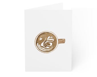 10 Pack | Latte Art Swan Greeting Card | Coffee Cup Illustration, Blank Note Card