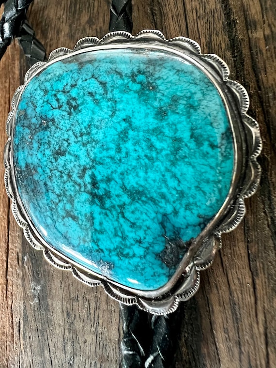 Large Vintage Navajo Sterling Silver Turquoise Bolo T… - Gem