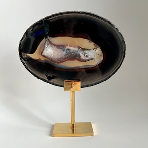Natural Polished Brazilian Geode Agate Slice on Brass Pedestal Stand