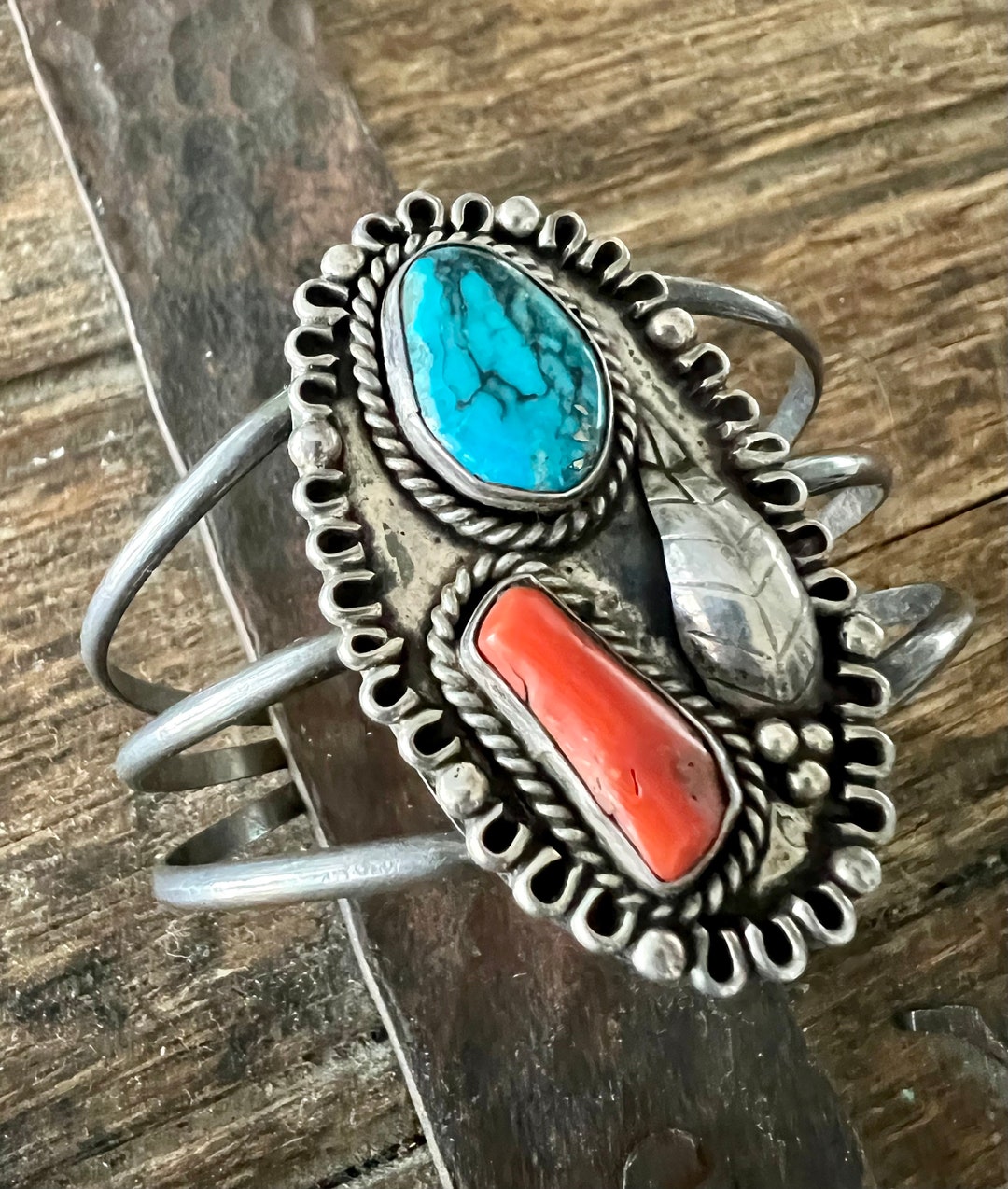 Vintage Navajo Cuff Sterling 26.5g Kingman Turquoise Coral - Etsy