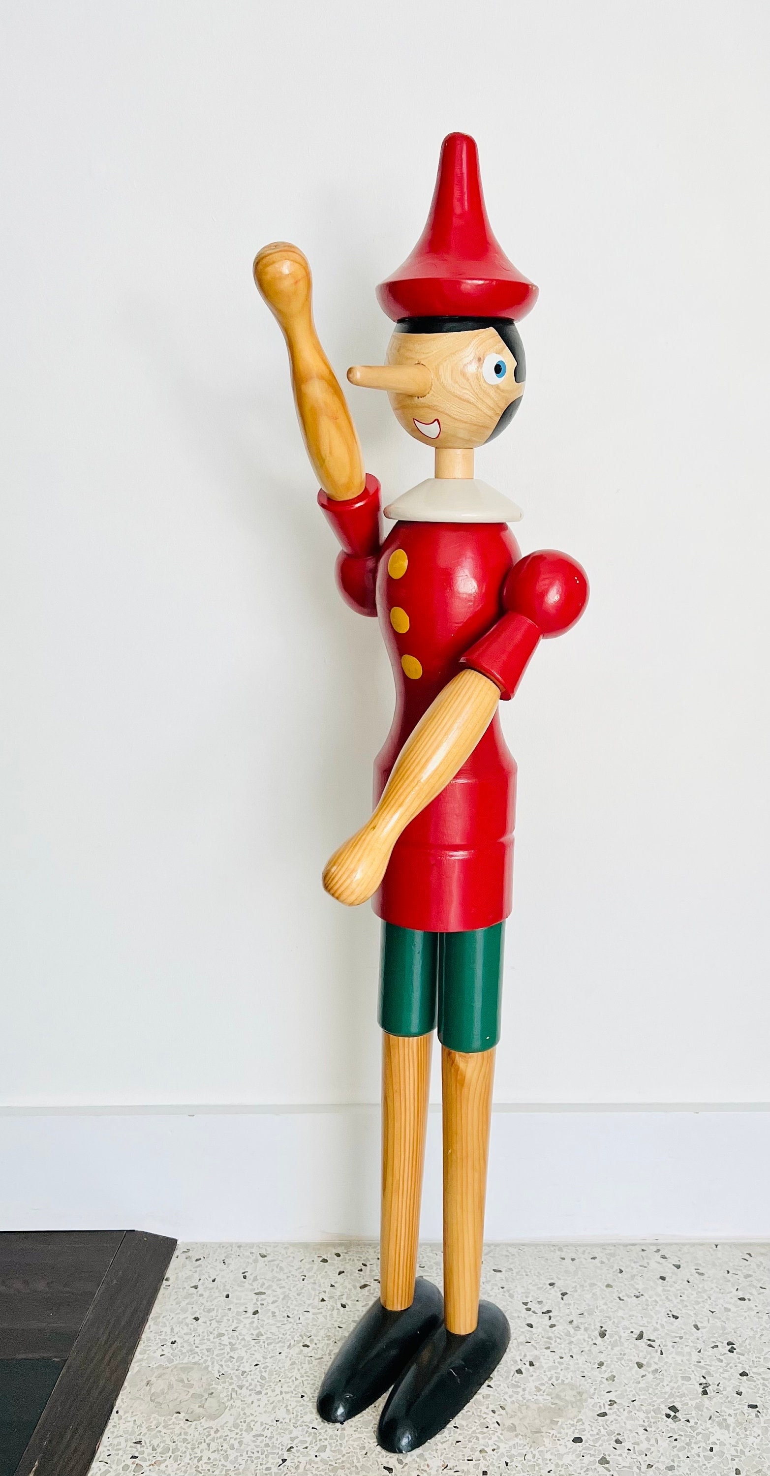 イタリア製、1960年代のヴィンテージ木製ピノキオ（高さ100 cm