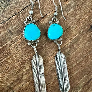 Vintage Navajo Wilson Padilla 925 Sterling Silver & Turquoise Long Feather Dangle Drop Earrings