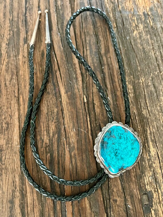 Large Vintage Navajo Sterling Silver Turquoise Bolo T… - Gem