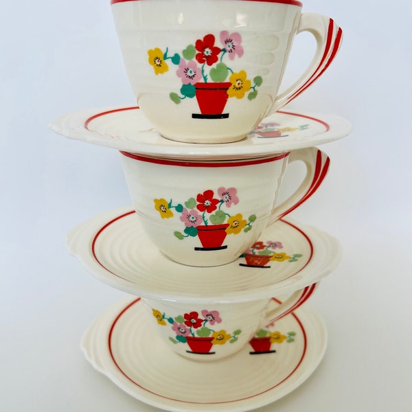 Vintage 1930s Set of 6 Flower Pots Demitasse Cup and Saucers - Yorktown by Edwin Knowles