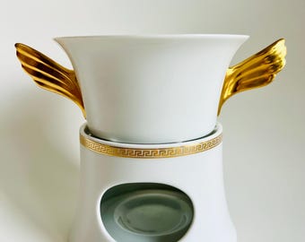 Juego de cuenco y calentador Rosenthal Versace Medallion Meandre d'Or de oro de 24 quilates con forma de Ícaro alado. RARO.