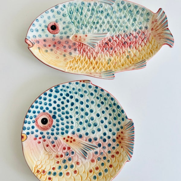 Vintage Italian Majolica Fish Plate Multi Color Hand painted Made in Italy, Intrada Signed and Numbered