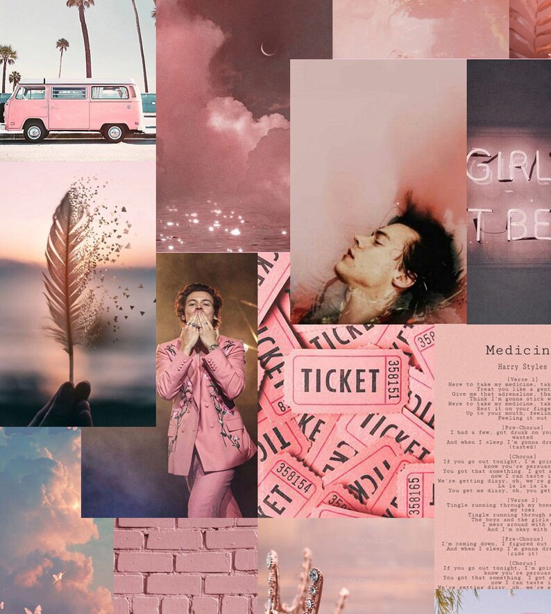 Pink boujee collage kit with Harry Styles photo Aesthetic collage Wall collage kit 50 pc Digital Download