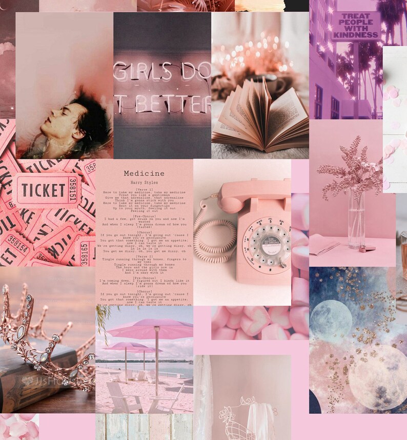 Pink boujee collage kit with Harry Styles photo Aesthetic collage Wall collage kit 50 pc Digital Download