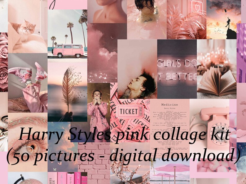 Pink boujee collage kit with Harry Styles photo Aesthetic collage Wall collage kit 50 pc Digital Download