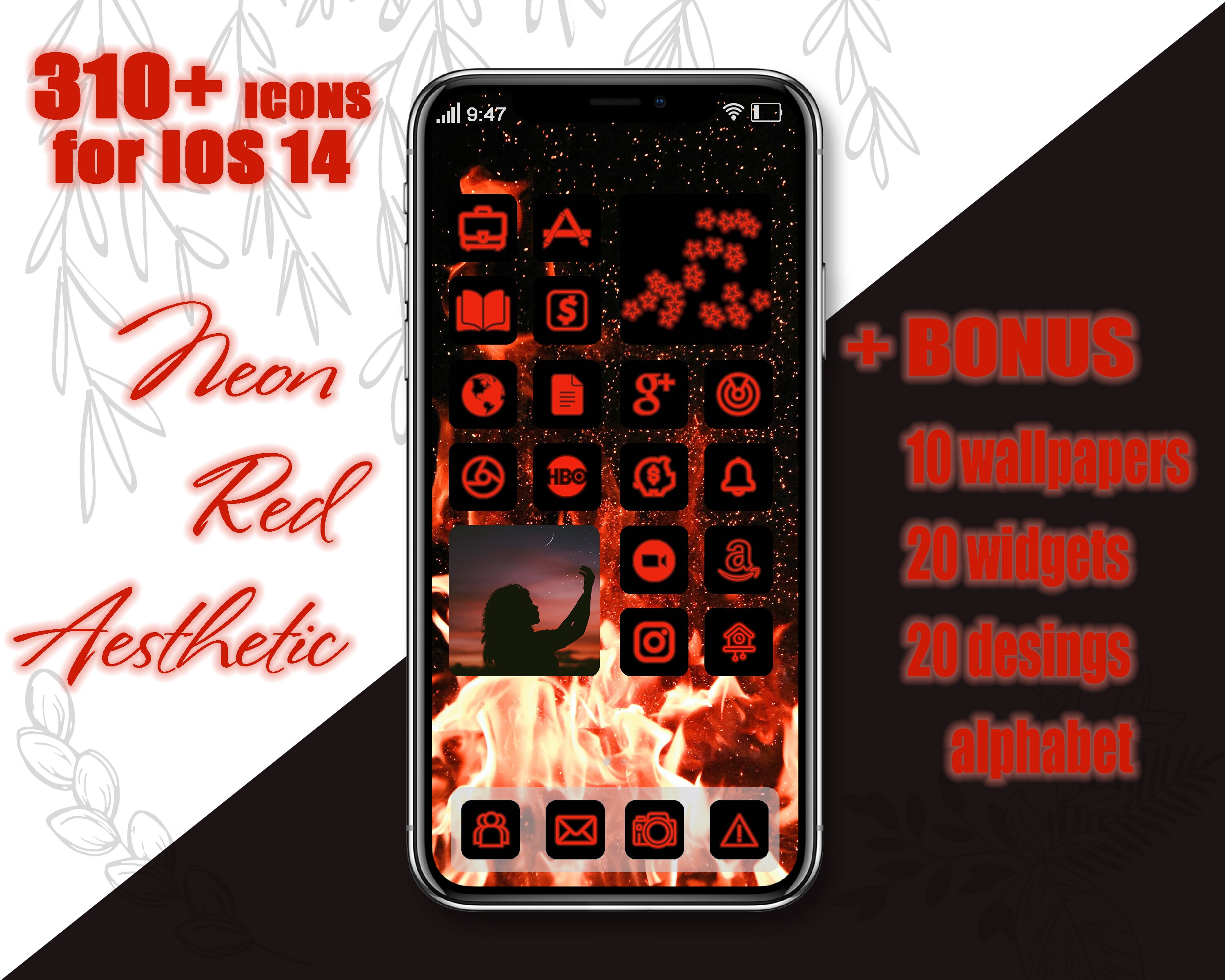 IOS 14 icons neon Red and black app icons iPhone homescreen Etsy