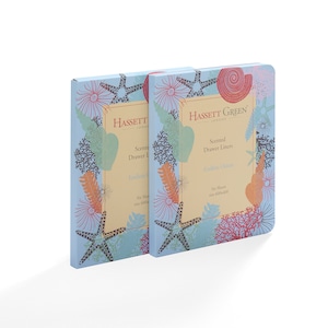 May include: Two packs of scented drawer liners with a blue background and a coral reef design. The text on the package reads "Hassett Green London" and "Scented Drawer Liners Endless Ocean". Six sheets, size 600x600.