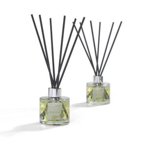 May include: Two glass reed diffusers with silver tops and black reeds. The bottles contain a light yellow liquid and a label that reads "Black Forest". The diffusers are set against a white background.