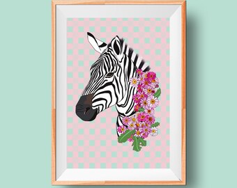 Zebra with Pink Daisies Wall Print, Botanical Animal Print, Living Room Decor, Boho Wall Prints, Gallery Wall, African Print