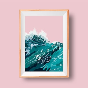 Ocean Wave Wall Print // nautical print, living room decor, gallery wall, seaside theme decor, blue and pink wall art