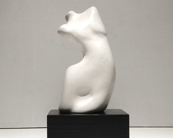 MODERN TORSO SCULPTURE: 'Joy', hand cast solid plaster mounted on wood plinth. Limited edition.