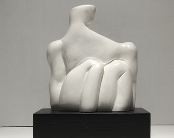 BRITISH CROUCHING SCULPTURE hand cast plaster, wax finished sculpture, maquette, figure, statue, human form, mounted. Limited edition