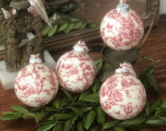 Lot #2: Red and Cream Toile Christmas Tree Ornaments