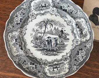 Antique Adams & Sons 'Columbus' Black/Gray Tranferware Dinner Plate