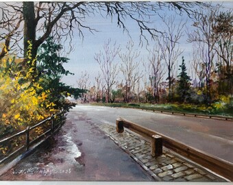 Central Park. Original painting Urban landscape Acrylic hand-painted Art on canvas Custom art Unique gift